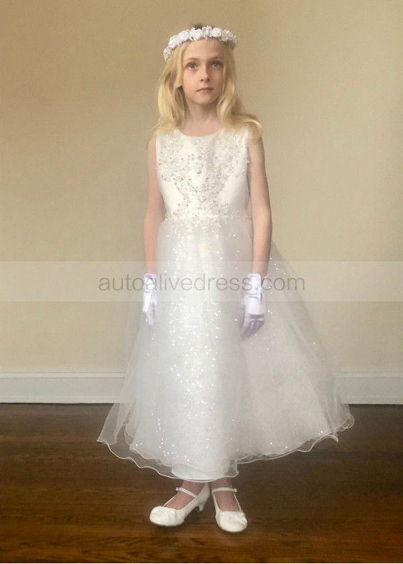 Beaded Ivory Lace Tulle Ankle Length Flower Girl Dress